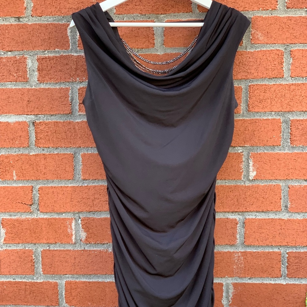 Gathered material black dress with bead back